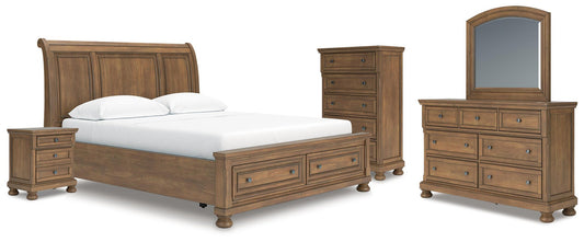 Feddinger California King Storage Sleigh Bed with Mirrored Dresser, Chest and Nightstand