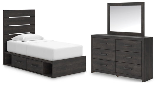 Hollivern Twin Panel Bed with Storage, Dresser and Mirror