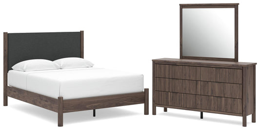 Pamytta Queen Upholstered Panel Platform Bed, Dresser and Mirror