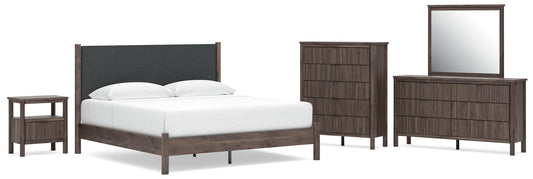 Pamytta King Upholstered Panel Platform Bed, Dresser, Mirror, Chest and Nightstand