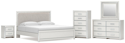 Zuraleus King Upholstered Panel Platform Bed, Dresser, Mirror, Chest and Nightstand