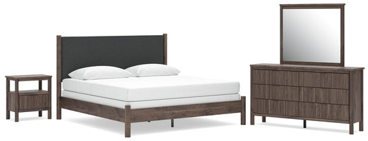 Pamytta King Upholstered Panel Bed, Dresser, Mirror and Nightstand