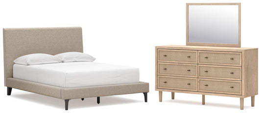 Cielden Full Upholstered Bed with Roll Slats, Dresser and Mirror