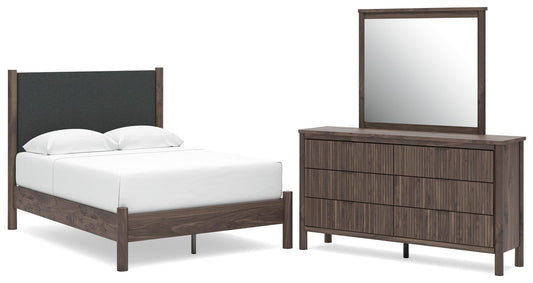 Pamytta Full Upholstered Panel Platform Bed, Dresser and Mirror