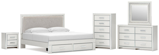 Zuraleus King Upholstered Panel Platform Storage Bed, Dresser, Mirror, Chest and Nightstand