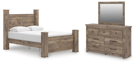 Rusticott Queen Poster Bed with Mirrored Dresser