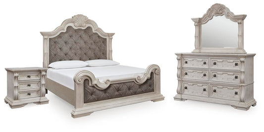 Bruchandi King Upholstered Panel Bed with Mirrored Dresser and Nightstand