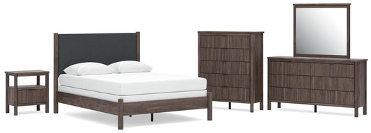 Pamytta Queen Upholstered Panel Bed, Dresser, Mirror, Chest and Nightstand