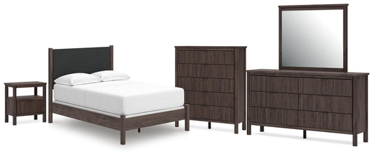 Pamytta Full Upholstered Panel Bed, Dresser, Mirror, Chest and Nightstand