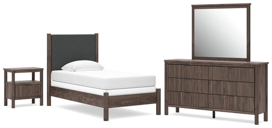 Pamytta Twin Upholstered Panel Bed, Dresser, Mirror and Nightstand