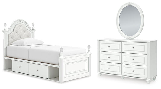 Kozlani Twin Upholstered Panel Storage Bed, Dresser and Mirror