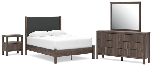 Pamytta Full Upholstered Panel Platform Bed, Dresser, Mirror and Nightstand