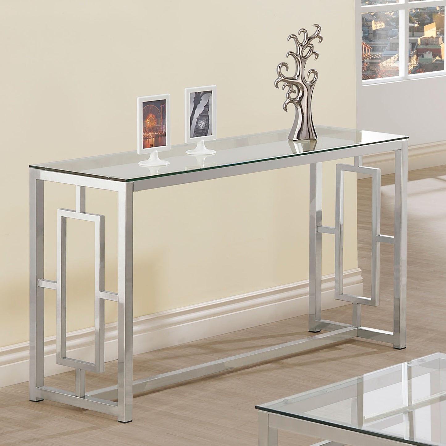 Merced Glass Top Metal Entryway Console Table Nickel