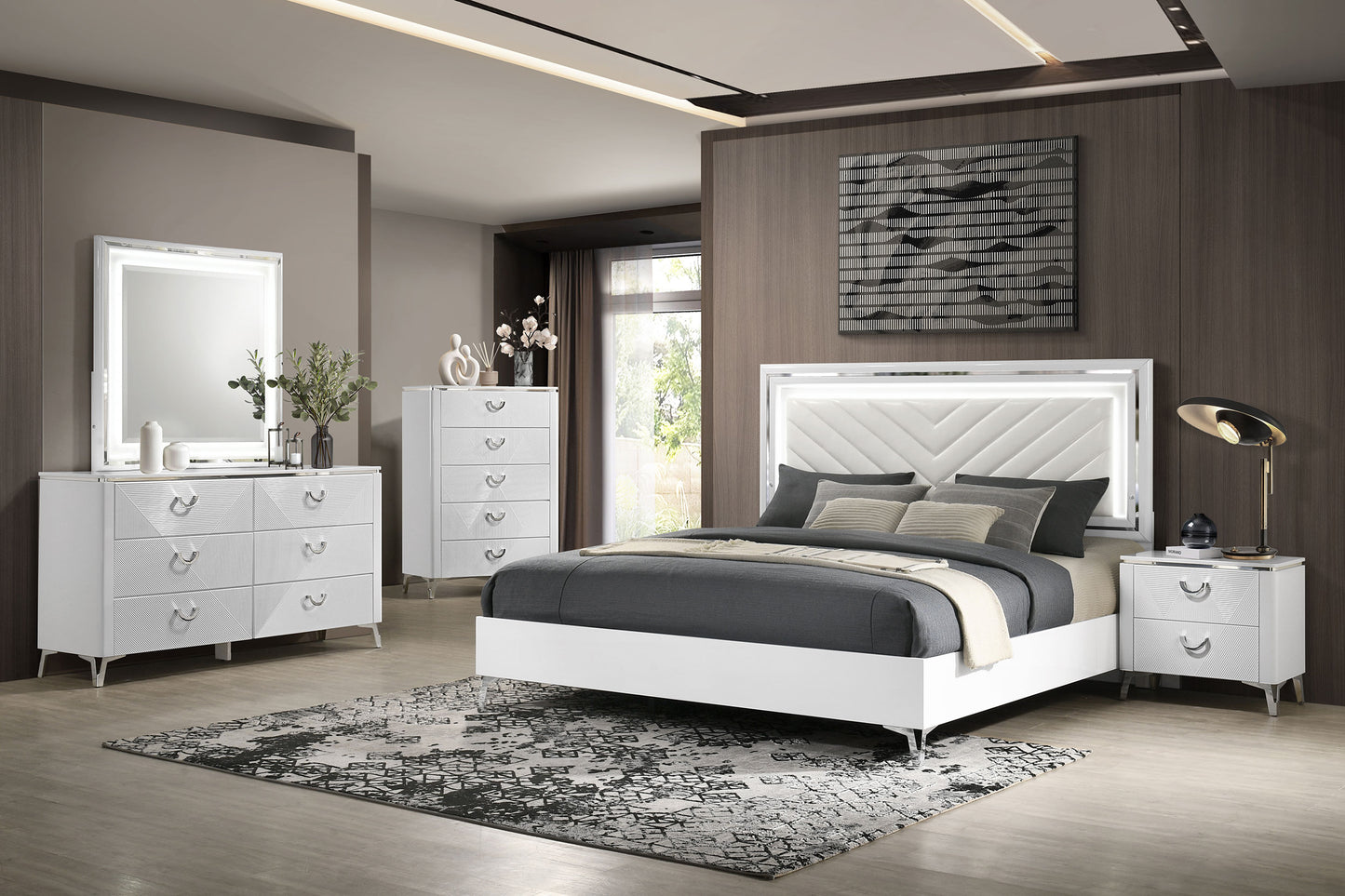 Cassia Queen LED Panel Bed White High Gloss