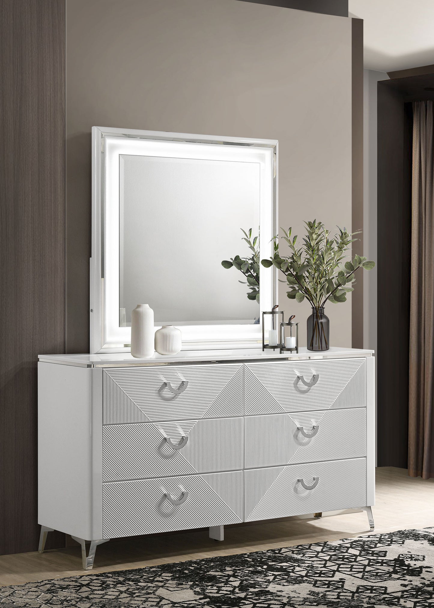 Cassia 6-drawer Dresser Cabinet with Mirror White High Gloss