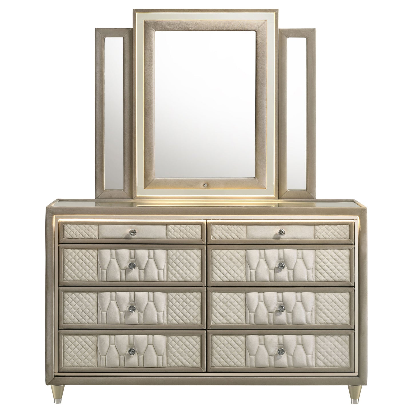 Lorient 8-drawer LED Dresser with Mirror Ivory and Camel