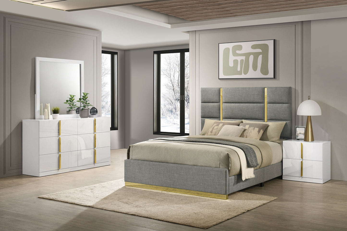 Ines 4-piece Eastern King Bedroom Set Grey and White High Gloss