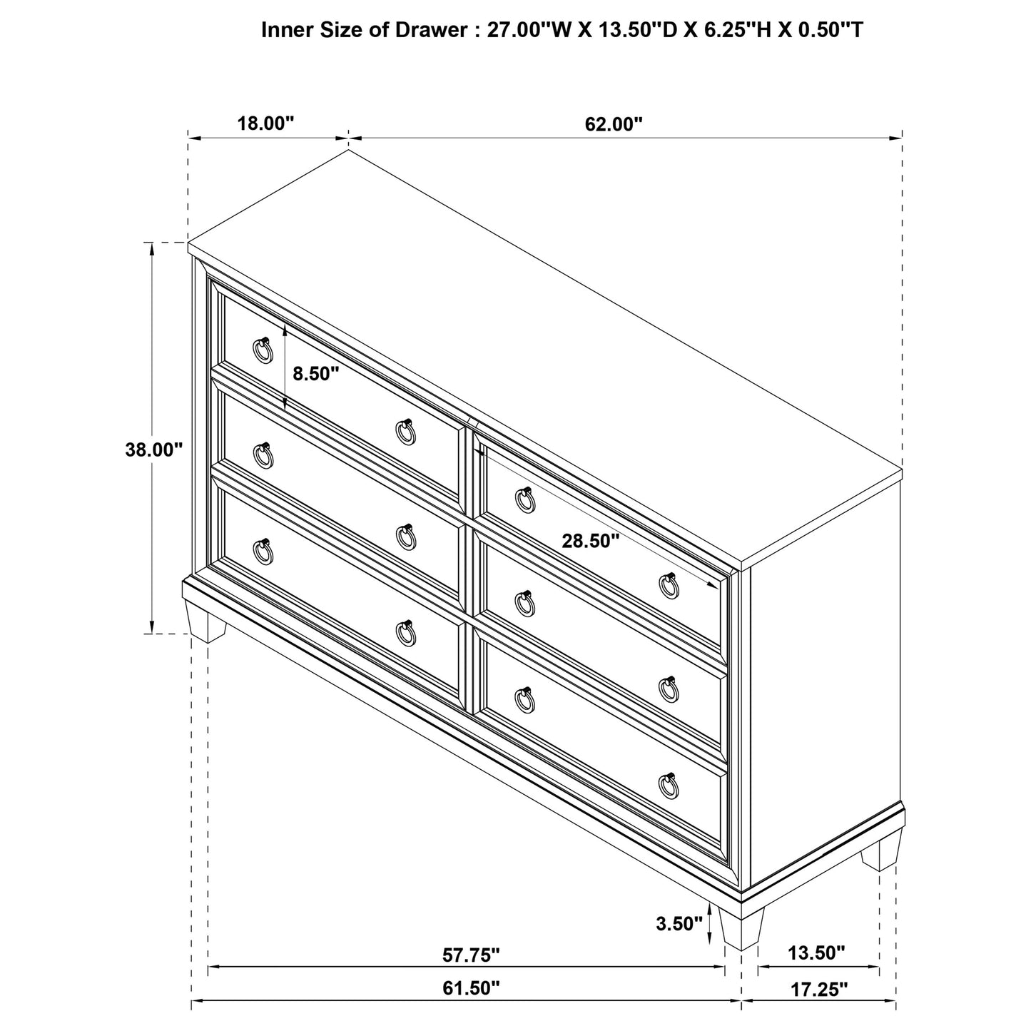 Pembroke 6-drawer Bedroom Dresser Cabinet Washed Oak