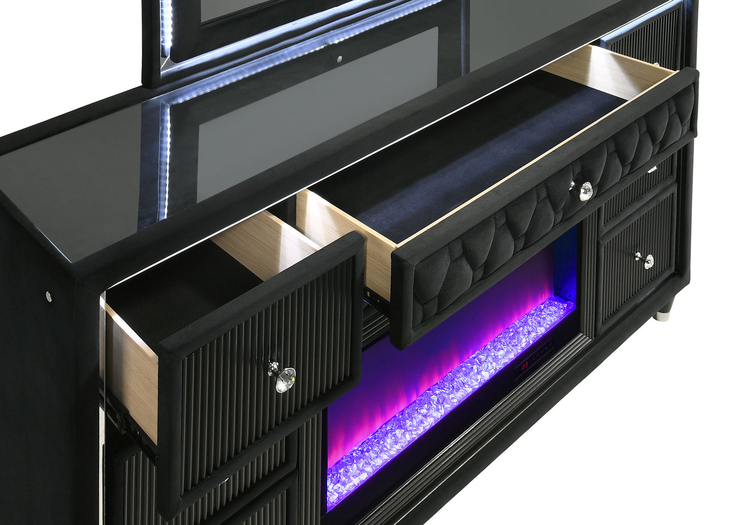 Lorient 8-drawer LED Flame Box Dresser and Mirror Black