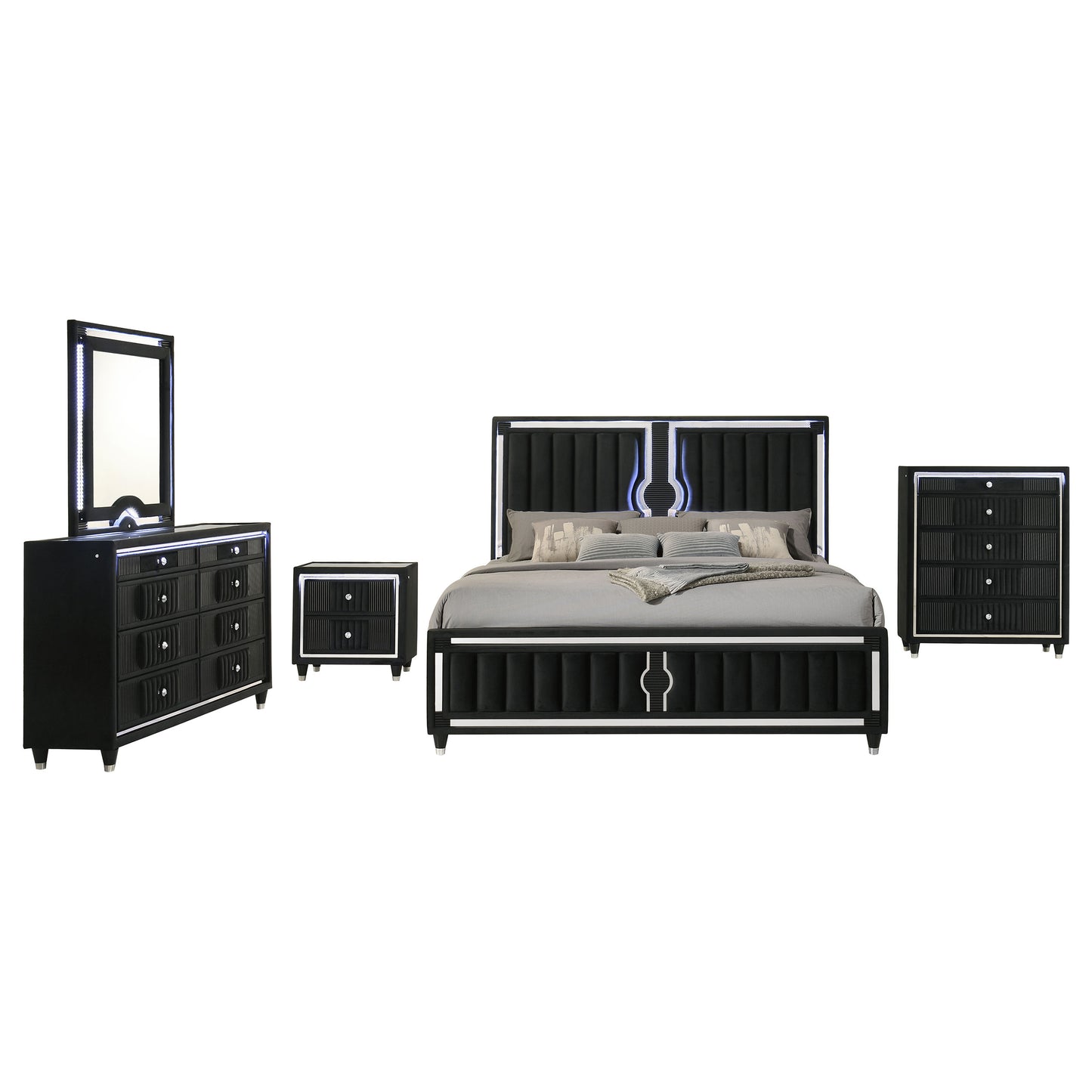Ravenne 5-piece Velvet Upholstered Eastern King LED Bedroom Set Black