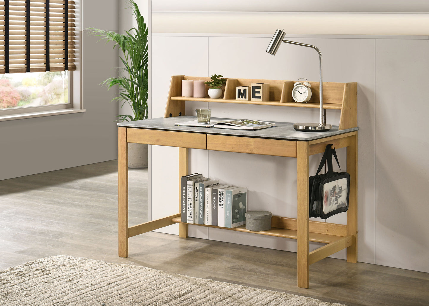 Besler 47-inch SmartTop Writing Desk with Shelf Cement and Natural