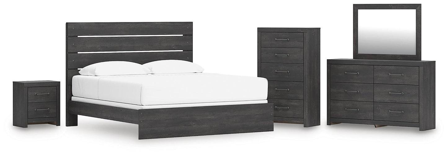 Hollivern King Panel Bed, Dresser, Mirror, Chest and Nightstand