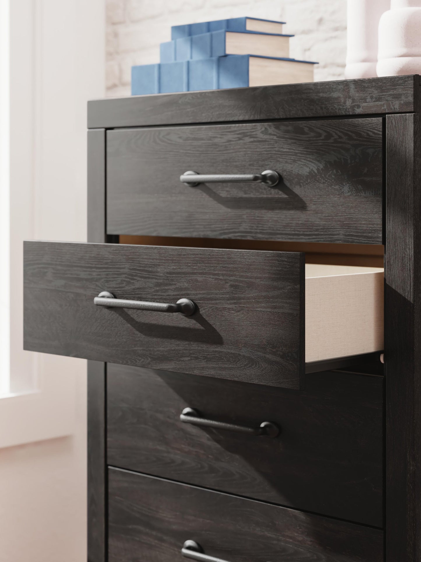 Hollivern Twin Panel Bed with Storage, Dresser, Mirror, Chest and Nightstand