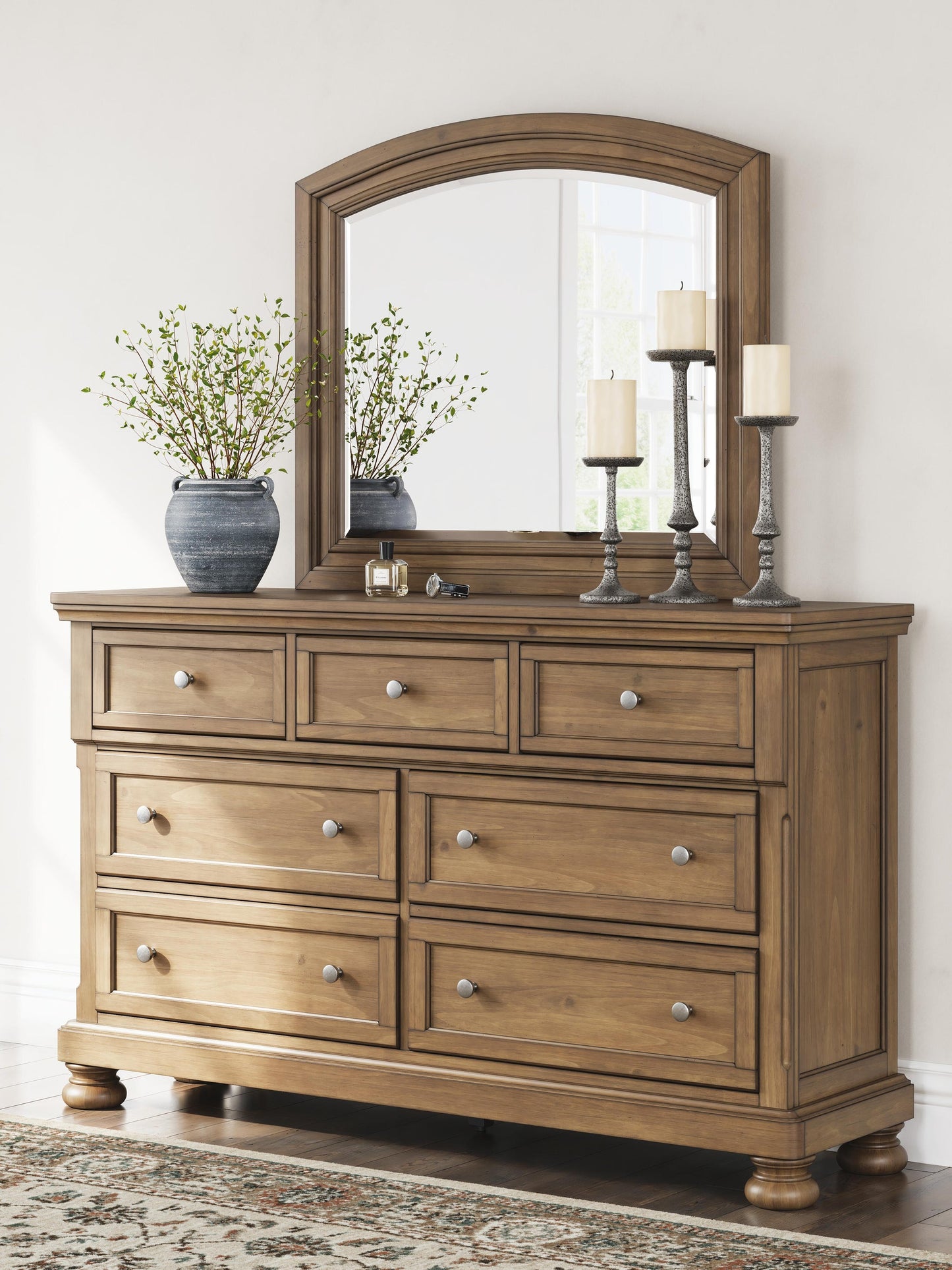 Feddinger California King Panel Bed with Mirrored Dresser and Nightstand