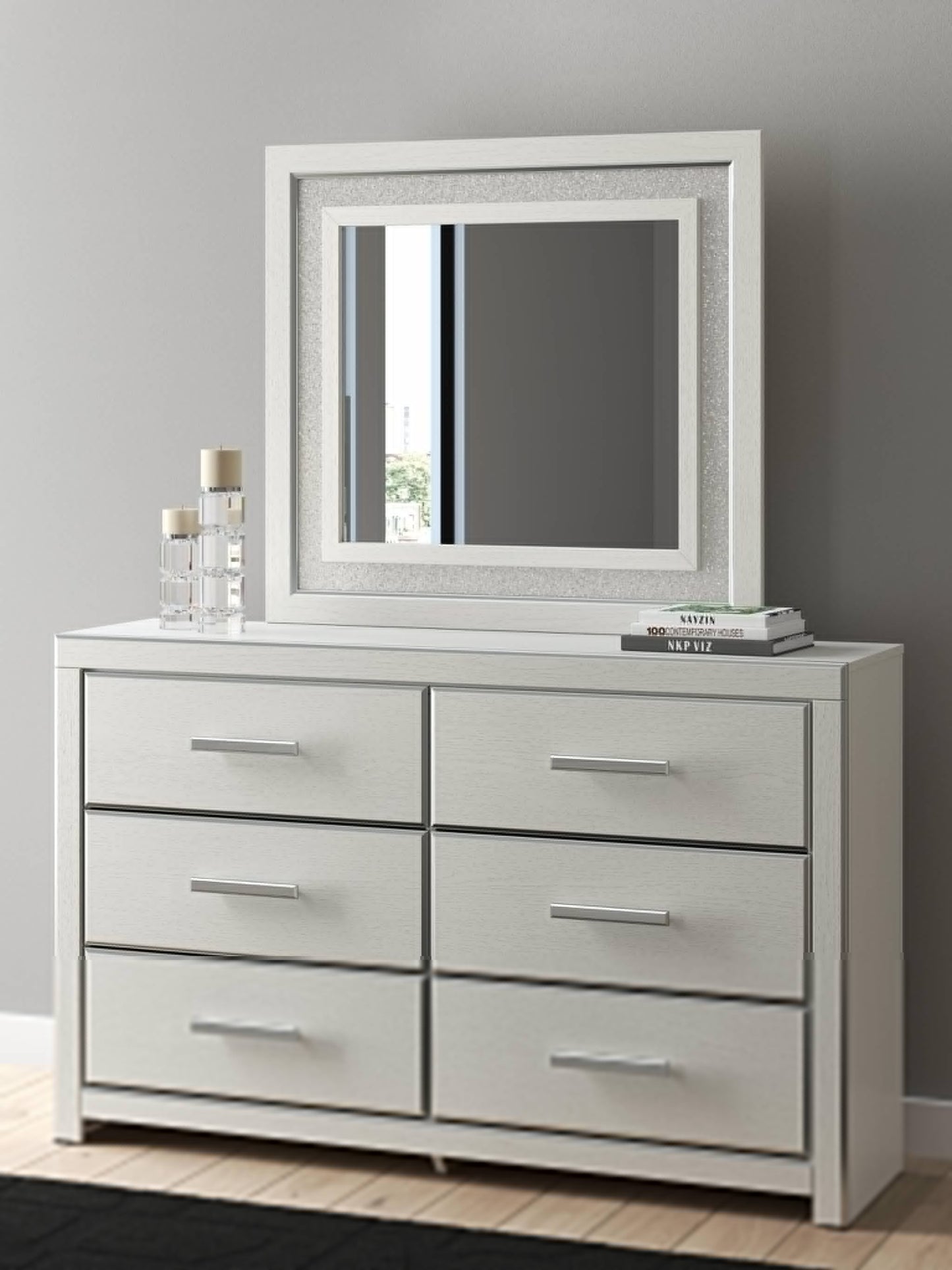 Zuraleus Queen Upholstered Panel Platform Storage Bed, Dresser and Mirror