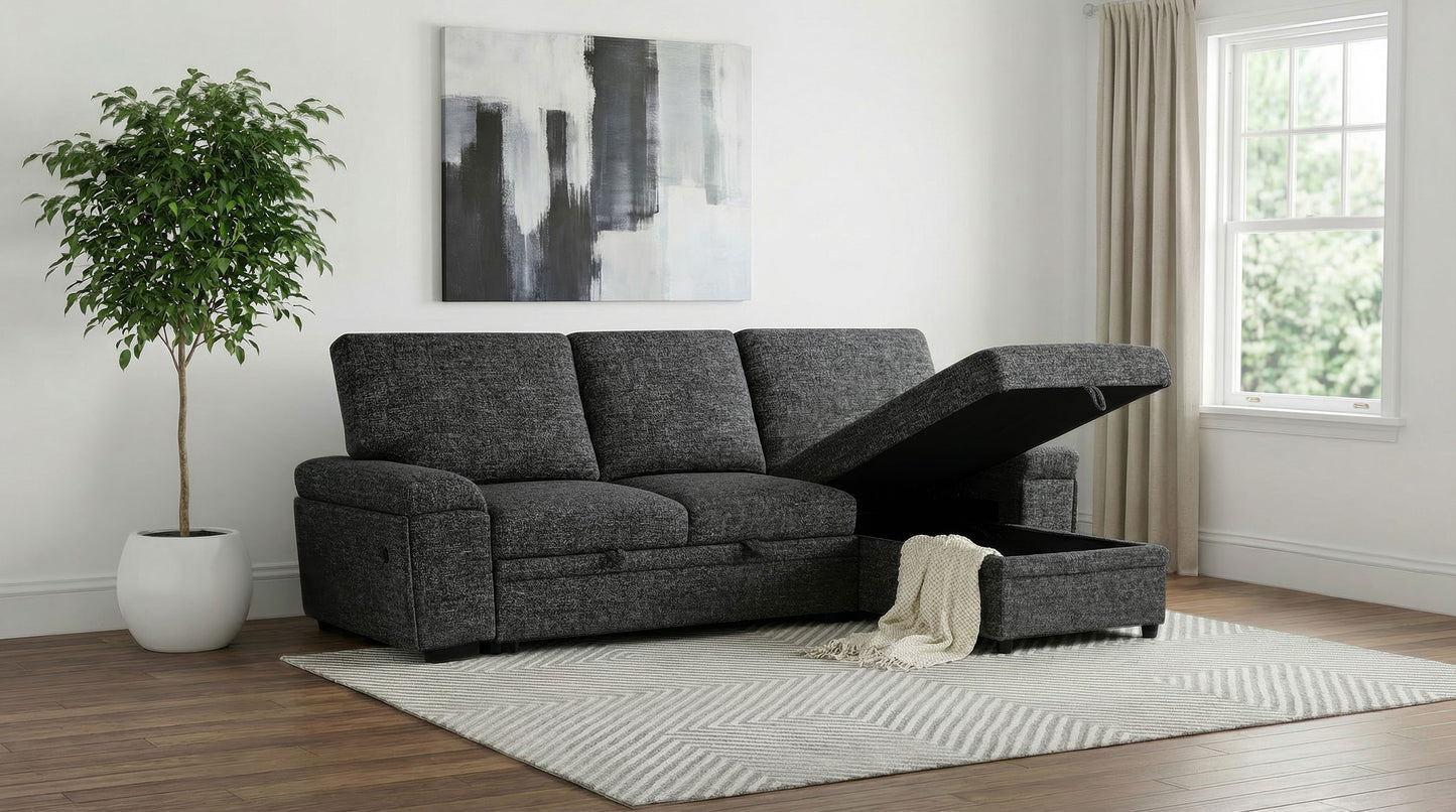 Demko Sleeper Sectional Sofa with Speaker and Storage Chaise Granite