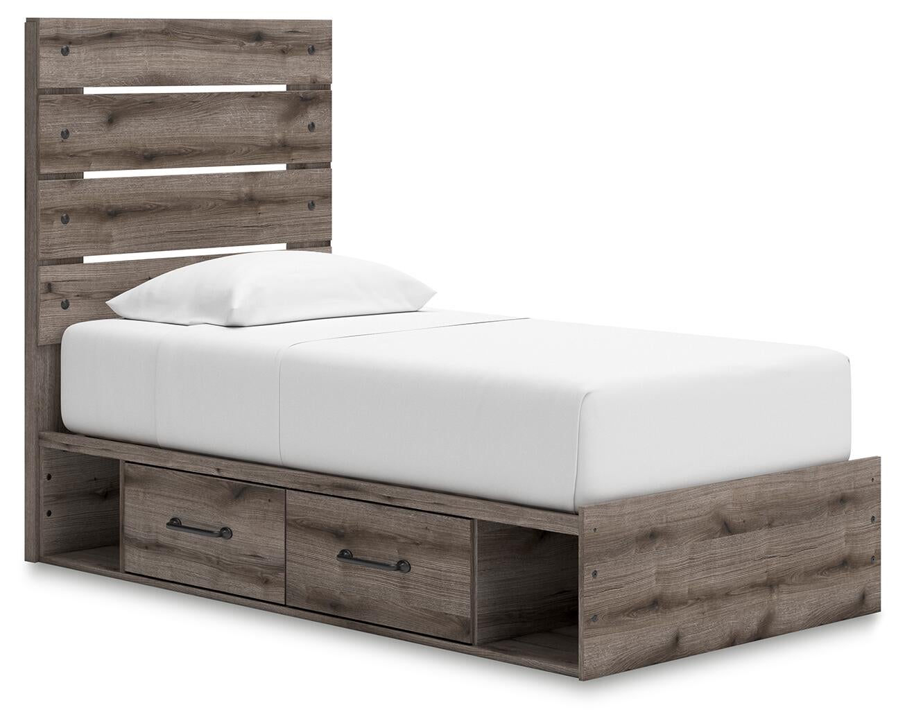Graystorm Twin Panel Bed with Storage, Dresser, Mirror and Nightstand