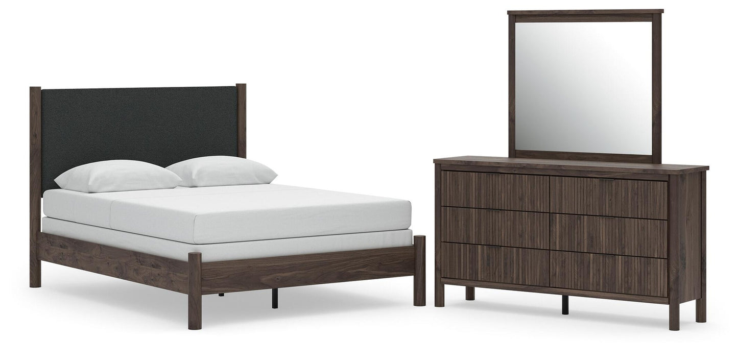 Pamytta Queen Upholstered Panel Bed, Dresser and Mirror