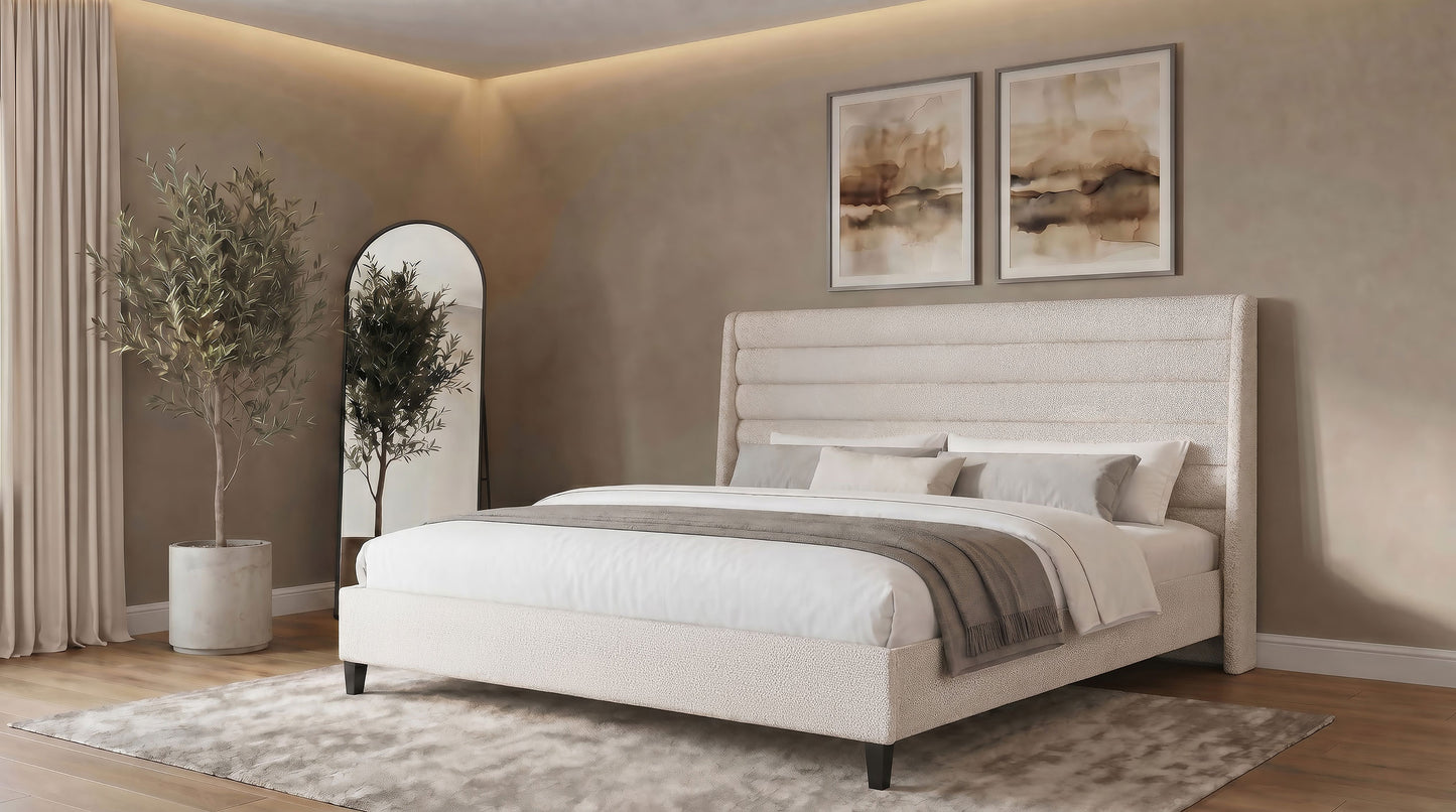 Leslie Upholstered Tufted Eastern King Wingback Platform Bed Beige